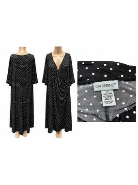 Catherines Womens Plus Size 4X Black White Polka Dot Draped Maxi Dress skuNN